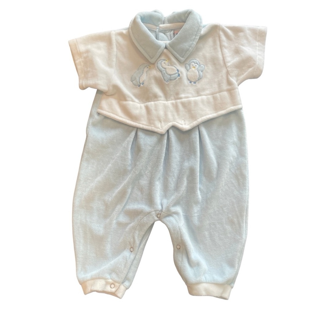 Vintage 6-9 months blue and white penguin baby bodysuit made in Philippines.